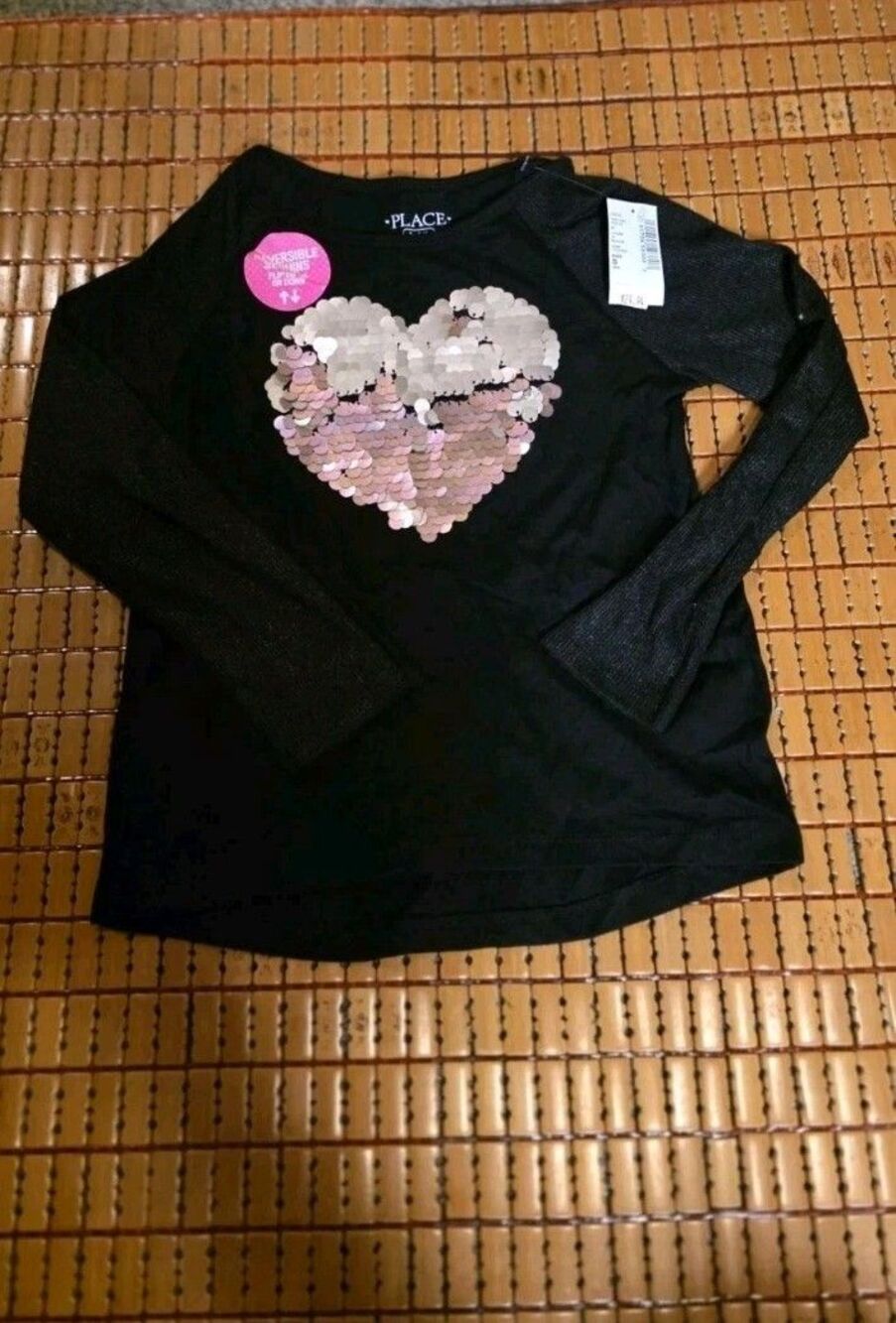The Childrens Place Girls 5/6  Shirt Black Long Sleeve Reversible Sequin Heart